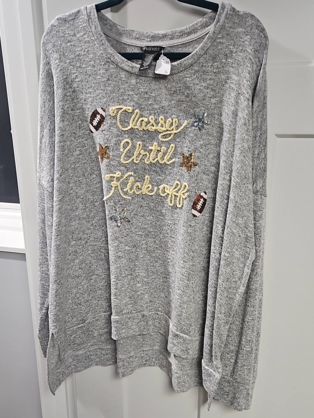 Old Kiss Gray 'Cheer Up Until Kickoff' Embroidered Crewneck Sweater